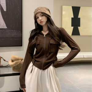 KM22321#韩版短款口袋拉链连帽开衫设计感下摆弧形修身长袖外套上衣