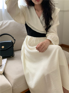 KM22295#韩国chic浪漫法式气质减龄翻领收腰显瘦长裙连衣裙