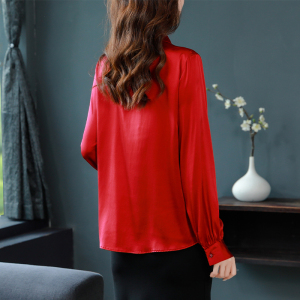 KM25540#红色本命年衬衫2022年新款秋装女装休闲纯色上衣重磅缎面真丝衬衣