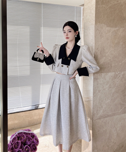 RM8991#优雅气质双排扣拼色长袖外套+高腰半身裙套装两件套