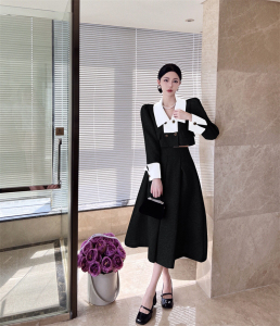RM8991#优雅气质双排扣拼色长袖外套+高腰半身裙套装两件套