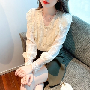 RM416#韩系上衣甜美超仙气蕾丝衬衫春季女2023年新款设计感小众长袖衬衣