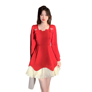 KM28387#新款设计感法式方领蝴蝶结红色连衣裙小个子显瘦裙