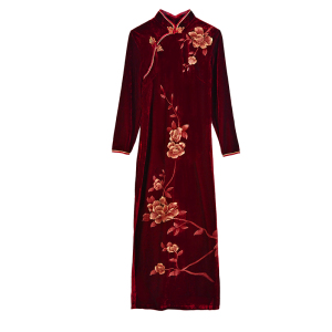 MY3539#秋装长袖酒红色妈妈婚宴礼服喜婆婆金丝绒旗袍高贵洋气