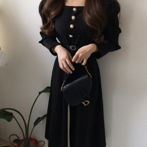 PS50494# 韩版chic秋季新款长袖假两件拼接长裙配腰带 服装批发女装直播货源
