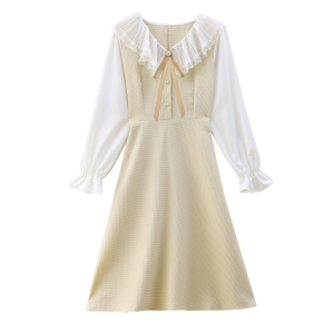 KM26418#新款女装气质撞色蕾丝荷叶领假两件法式赫本连衣裙
