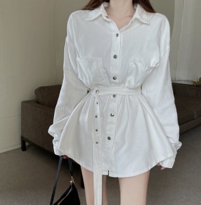 PS52096# 白色宽松中长款系带收腰衬衫外套 服装批发女装直播货源