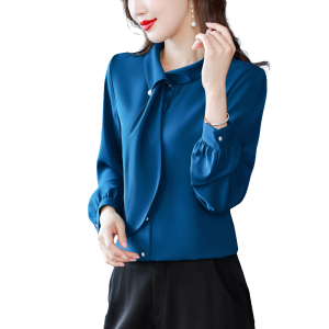 MY3593#高级感立领衬衫上衣女职业气质2022年新款秋冬季蓝色打底飘带衬衣