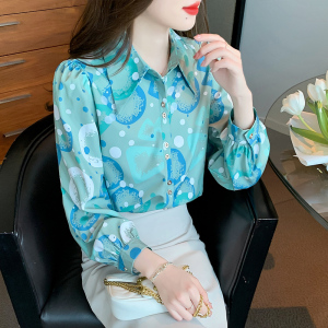 RM22693#新款法式名媛时尚印花衬衫女装设计感小众长袖衬衣