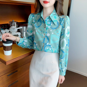 RM22693#新款法式名媛时尚印花衬衫女装设计感小众长袖衬衣