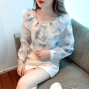 RM405#刺绣印花缎面长袖衬衫2023春季新款法式宫廷风女装
