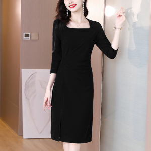 RM5982#新款气质孔雀蓝连衣裙淑女方领褶皱开叉包臀裙秋