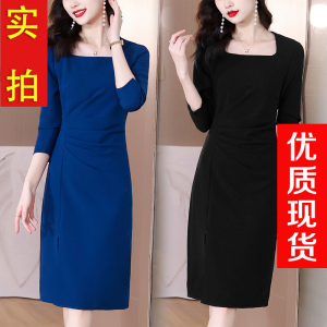 RM5982#新款气质孔雀蓝连衣裙淑女方领褶皱开叉包臀裙秋