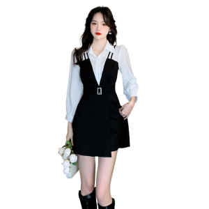 KM22691#秋季新款时尚名媛气质黑白撞色长袖衬衫显瘦连衣裙两件套8318