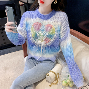 KM24566#针织毛衣女2022年早秋新款韩版甜美重工艺宽松设计感洋气渐变色