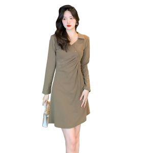 KM22901#小个子高腰连衣裙女装韩版设计感小众褶皱衬衫裙子