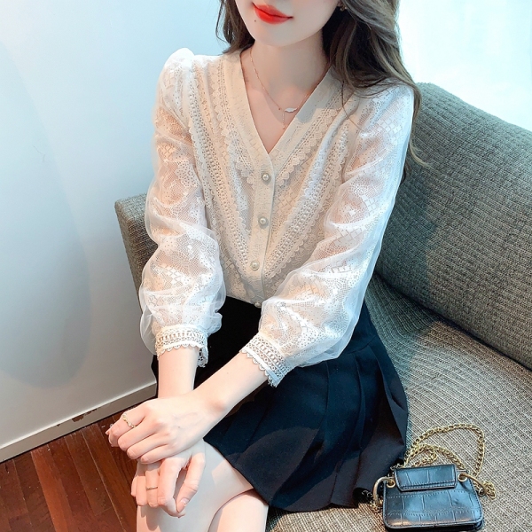 RM2969#新款花卉蕾丝衬衫V领灯笼袖上衣长袖气质淑女小衫
