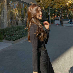 PS51501# 韩版秋冬装新款修身高领长袖系带针织连衣裙包臀中长裙 服装批发女装直播货源