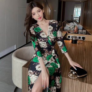 PS54312# 韩版V领气质修身连衣裙高级感复古油画感印花长裙 服装批发女装直播货源