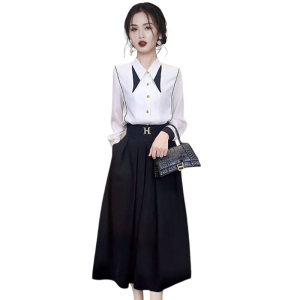 PS54568# 秋装新款高级感时尚套装女黑白撞色衬衫半裙两件套 服装批发女装直播货源