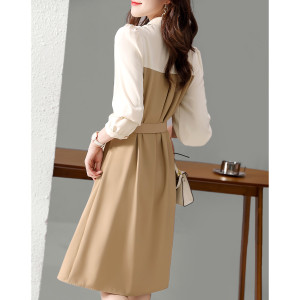 KM23852#新款秋季撞色假两件裙子长袖气质中长款衬衫连衣裙常规