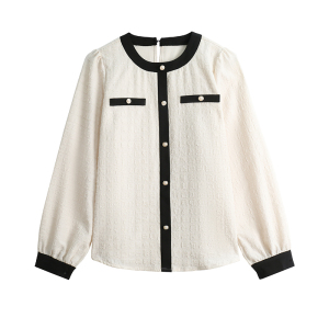 RM630#白色圆领长袖衬衫女2023春季新款温柔上衣气质小衫时髦衬衫外套
