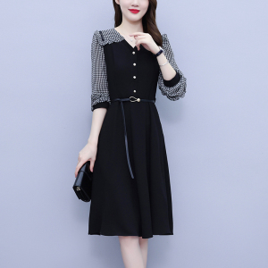 KM27350#新款韩版修身显瘦减龄撞色拼接气质连衣裙