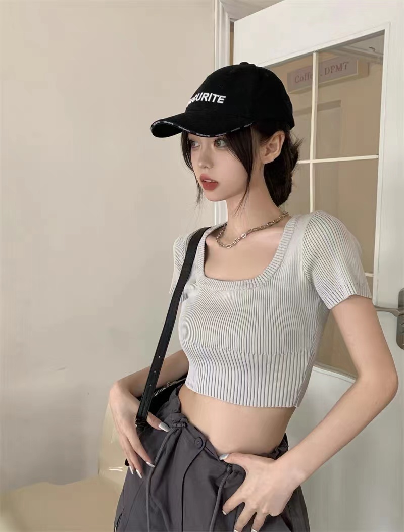 WGWE Sexy Pure Desire T-shirt Women's 2022 Summer New Korean Style Short Square Neck Foreign Style Slim Casual Top