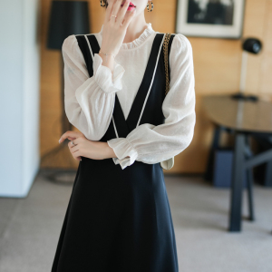 PS54845# 秋季新款高级感法式优雅气质长袖裙假两件连衣裙 服装批发女装直播货源