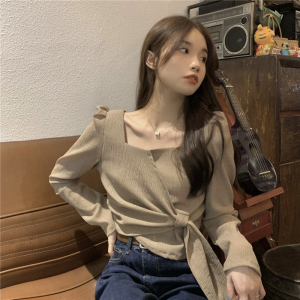 KM22922#韩版复古显瘦方领衬衫女不规则设计感系带短款长袖上衣