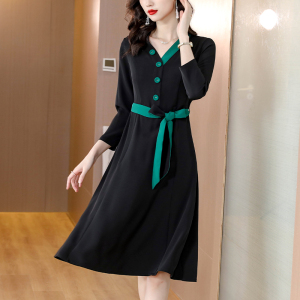 RM20791#新款黑色长款修身墨绿色拼接气质收腰显瘦新款连衣裙