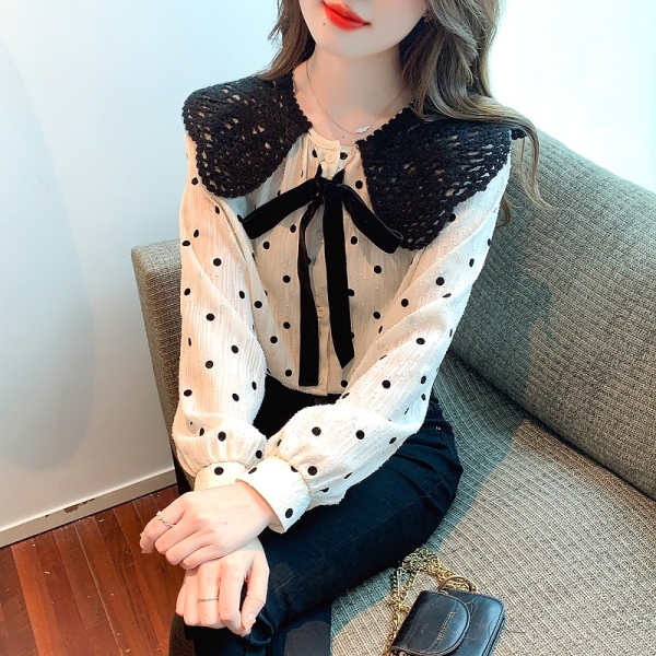 RM407#法式复古波点娃娃领衬衫女春季新款设计感甜美蝴蝶结拼接长袖上衣