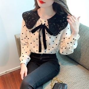 RM407#法式复古波点娃娃领衬衫女春季新款设计感甜美蝴蝶结拼接长袖上衣