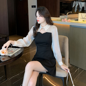 PS50993# 法式设计镂空衬衫小黑裙翻领气质显瘦连衣裙 服装批发女装直播货源