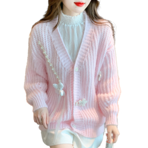 KM30749#钉珠设计感毛衣外套女2022春装新款宽松慵懒风洋气针织开衫