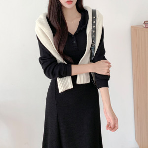 KM22996#韩国chic 连帽休闲长款修身显瘦螺纹系带个性时髦长款过膝连衣裙