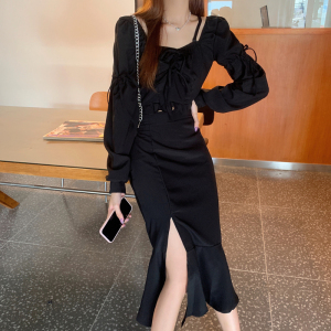 PS50849# 秋季辣妹长袖黑色小众设计感小衫+半身裙连衣裙两件套潮 服装批发女装直播货源