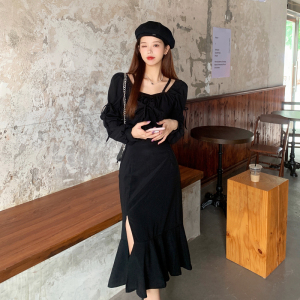 PS50849# 秋季辣妹长袖黑色小众设计感小衫+半身裙连衣裙两件套潮 服装批发女装直播货源