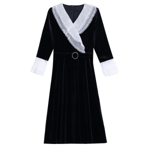RM4201#大码女装胖MM金丝绒新款黑白拼接时尚显瘦秋冬收腰连衣裙
