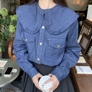 PS51047# 韩版复古牛仔蓝衬衣娃娃领甜美海军风设计感减龄长袖衬衫 服装批发女装直播货源