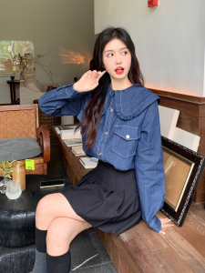 PS51047# 韩版复古牛仔蓝衬衣娃娃领甜美海军风设计感减龄长袖衬衫 服装批发女装直播货源