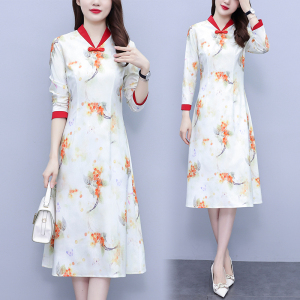 RM22190#新款印花修身显瘦中国风气质旗袍七分袖拼接大码女装连衣裙
