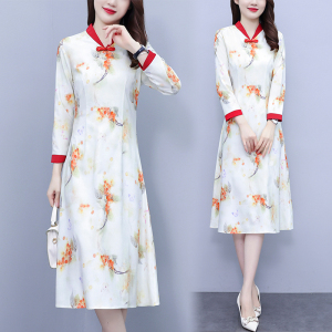 RM22190#新款印花修身显瘦中国风气质旗袍七分袖拼接大码女装连衣裙