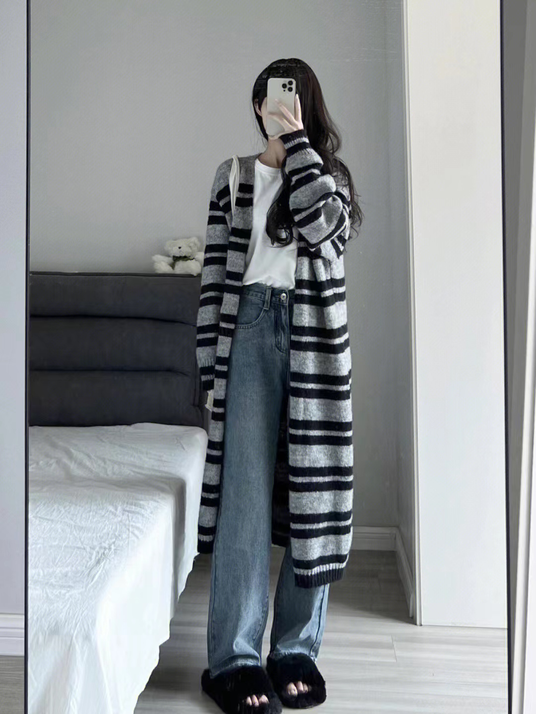 Autumn and winter large size contrasting striped mid-length sweater jacket for women gentle wind soft waxy knitted cardigan top
