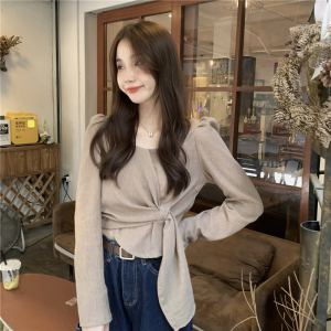 PS52064# 韩版复古显瘦方领衬衫女不规则设计感系带短款长袖上衣 服装批发女装直播货源