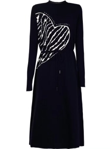 KM27691#新款女装法式赫本风花印a字收腰时尚减龄洋气长袖针织连衣裙
