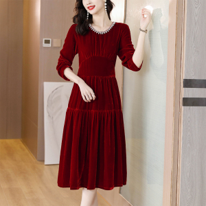 MY3526#红色真丝绒珍珠轻奢名媛小洋装贵夫人高端气质连衣裙