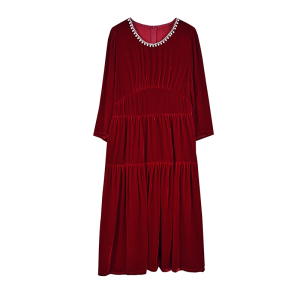 MY3526#红色真丝绒珍珠轻奢名媛小洋装贵夫人高端气质连衣裙