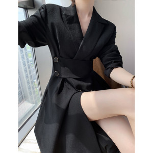 PS65036# 黑色连衣裙早秋新款长袖收腰显瘦气质女神范西装裙 服装批发女装服饰货源