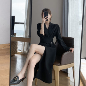 PS65036# 黑色连衣裙早秋新款长袖收腰显瘦气质女神范西装裙 服装批发女装服饰货源